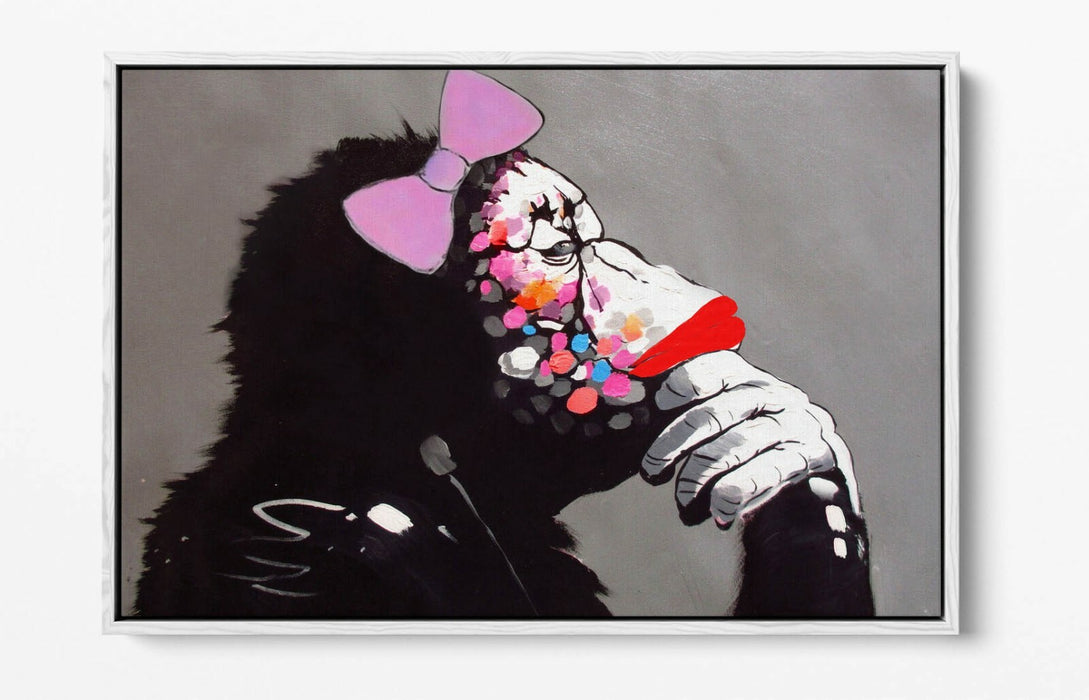 BANKSY DJ MONKEY FEMALE -FLOAT EFFECT CANVAS WALL ART PIC PRINT- BLACK PINK