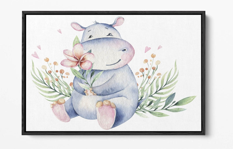 Watercolour Hippo Canvas - Cute Animal Print Floral Wall Art with Float Effect
