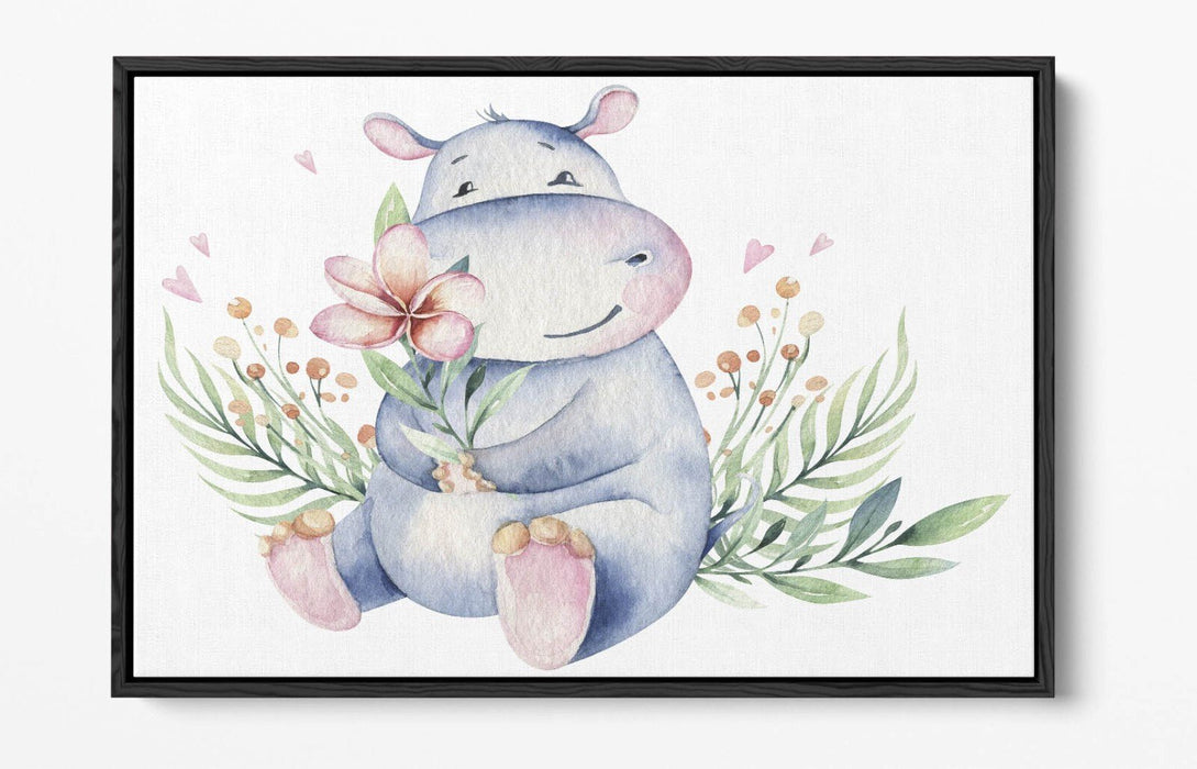 Watercolour Hippo Canvas - Cute Animal Print Floral Wall Art with Float Effect