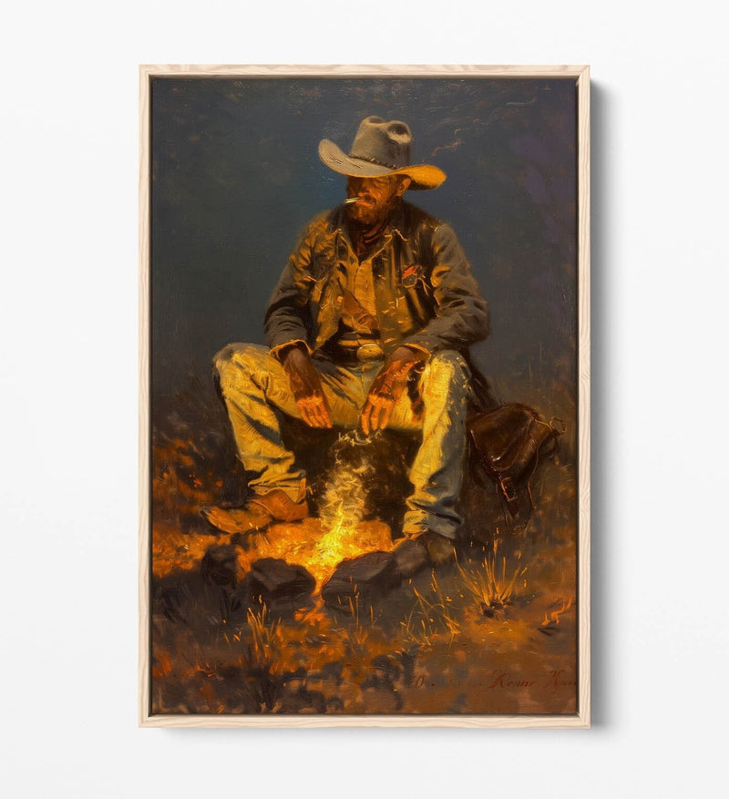 Canvas Art Print – Western Cowboy Campfire Scene With Premium Float Frame
