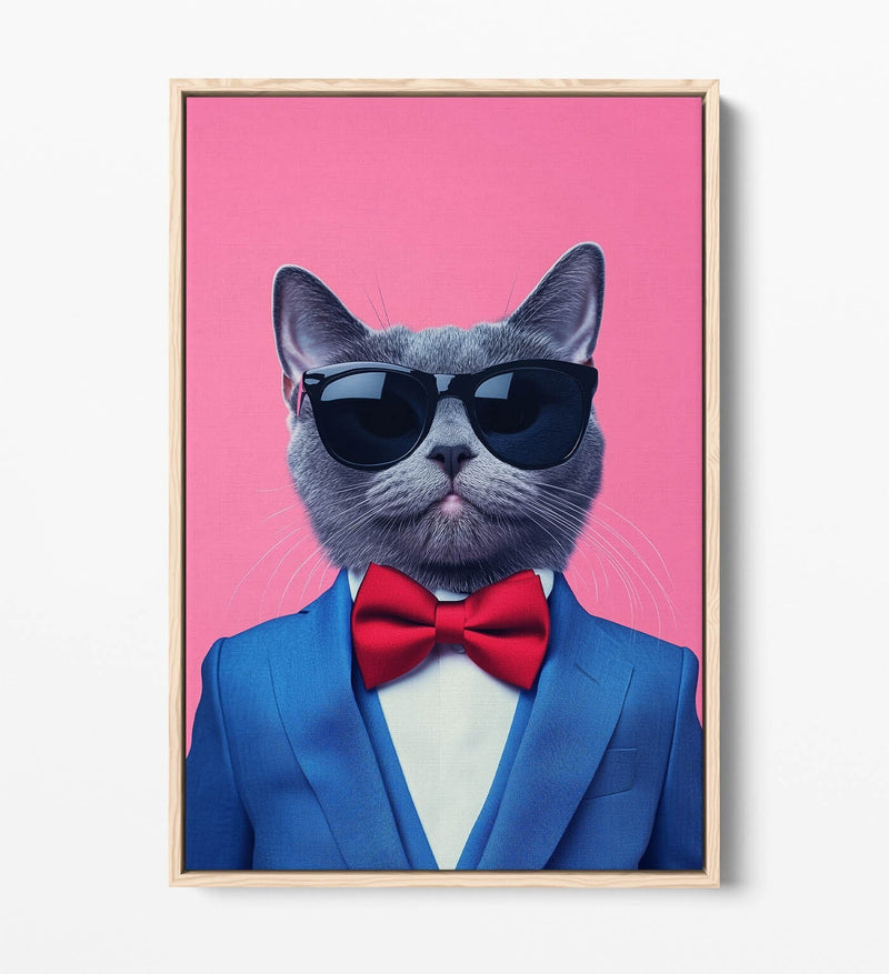 Cat Canvas Wall Art - Funny Cat Wearing Bow Tie & Sunglasses | Premium Float Frame