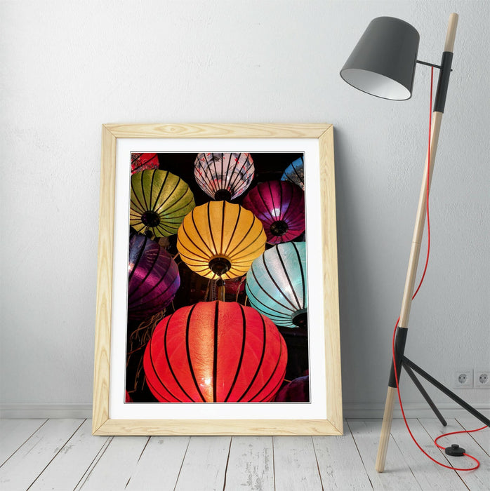 CHINESE LANTERNS -FRAMED POSTER WALL ART PRINT ARTWORK- RED YELLOW BLUE GREEN