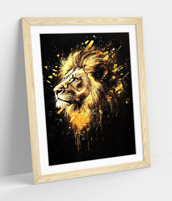 Lion Head Wall Art – Abstract Gold Splash Poster With Faux Wood Frame