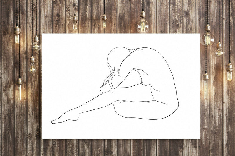 Canvas Wall Art - Black and White Nude Woman Line Drawing Artwork on Premium Canvas