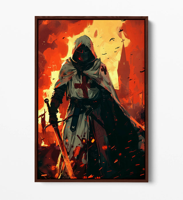 Medieval Canvas Art - Knight Wall Decor With Burning City Float Effect Print