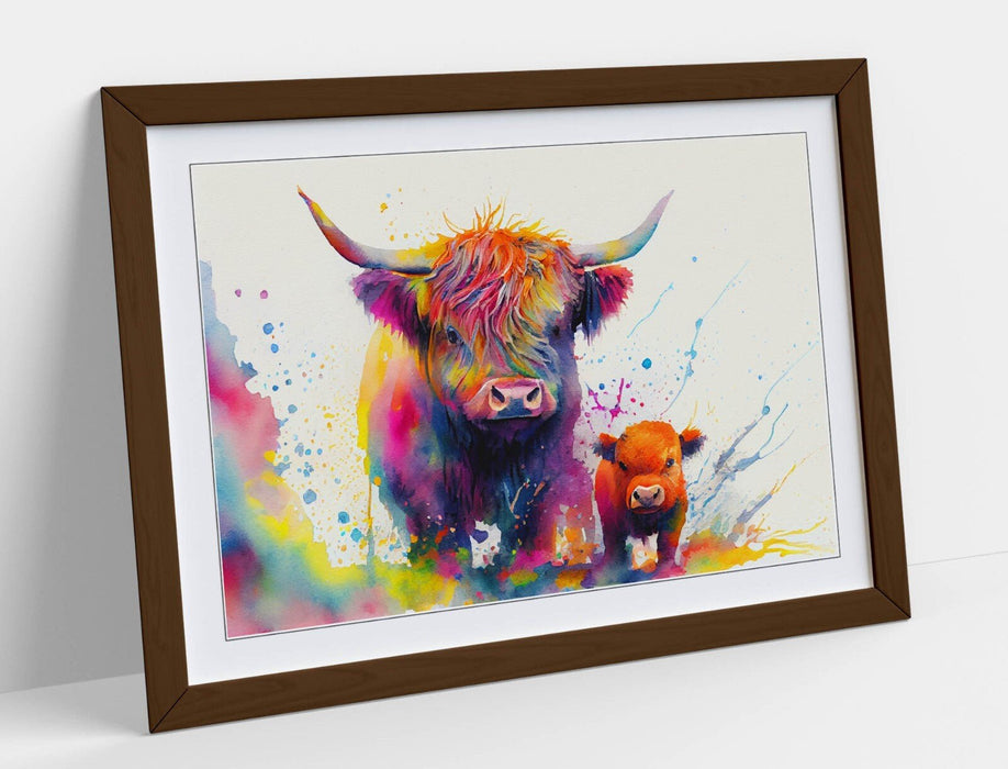 Framed Wall Art - Colorful Highland Cow Print Mother Child Poster, Handmade
