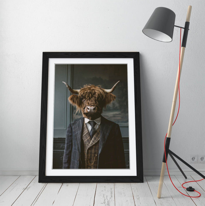 Highland Cow Wall Art - Framed Animal Poster with Woodgrain Frame, Handmade UK