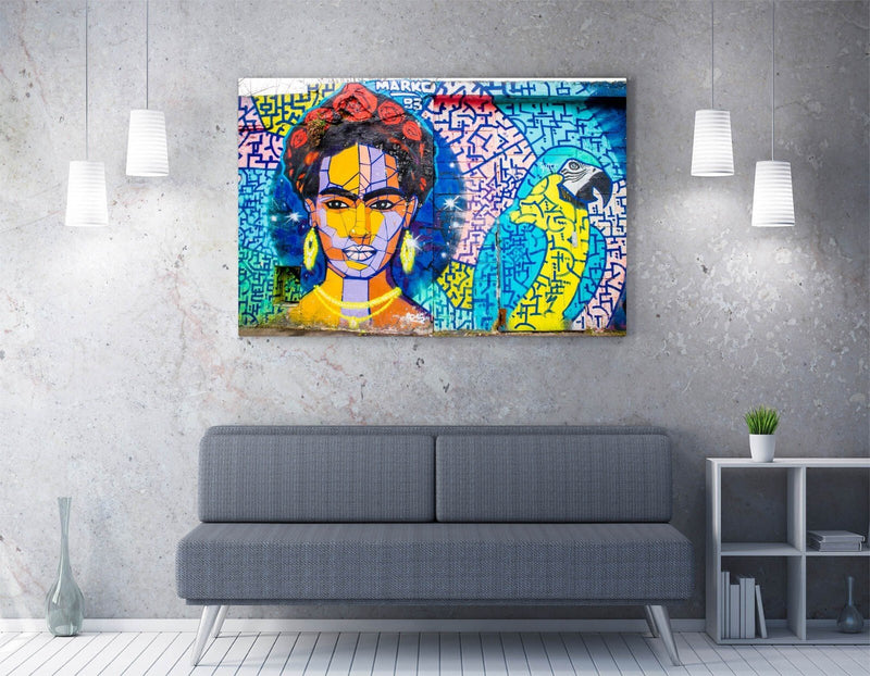 Frida Kahlo Canvas Art – Colorful Parrot Print | Handmade UK Wall Decor