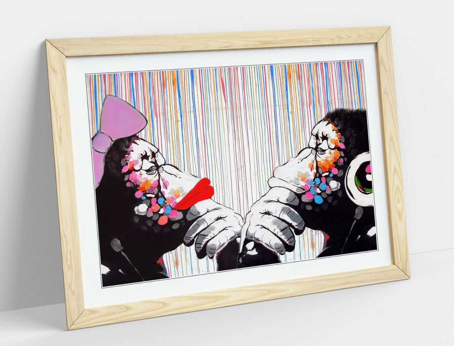 BANKSY DJ MONKEY THINKERS DUO COLOUR RAIN -FRAMED POSTER WALL ART PRINT ARTWORK