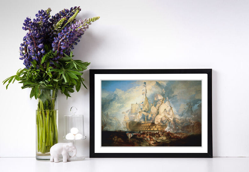 Turner Battle of Trafalgar Framed Art Print – Historic Naval Painting with Woodgrain Faux Frame