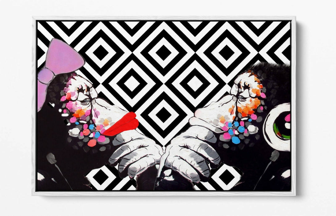 BANKSY MONKEY THINKERS DUO -FLOAT EFFECT CANVAS WALL ART PIC PRINT- BLACK WHITE