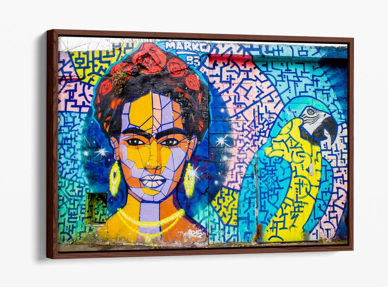 Frida Kahlo Canvas Art - Colorful Parrot Graffiti Decor | Float Effect Wall Print