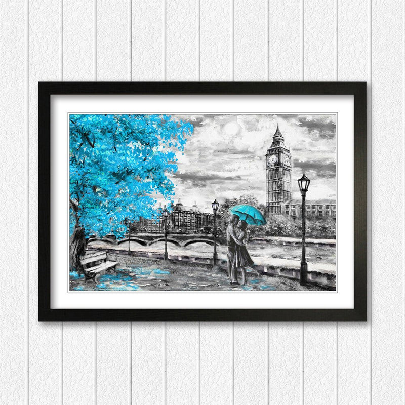 London Big Ben Wall Art - Framed Poster Print With Grey Teal Umbrella Design