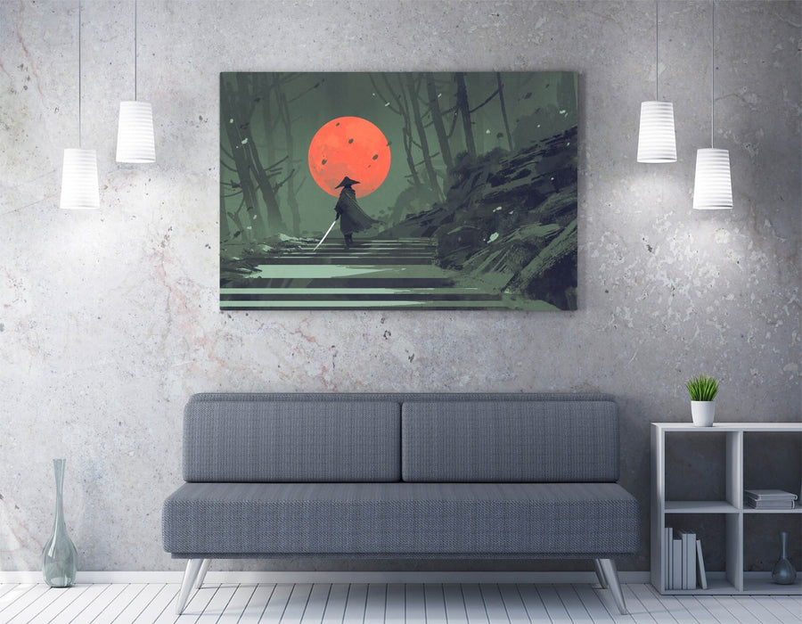 Samurai Canvas Art - Handmade Forest Wall Decor With Red Moon Artwork Print