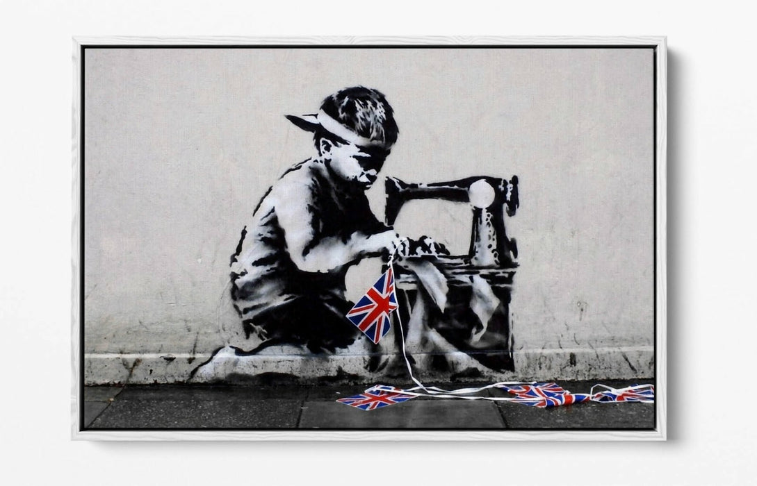 BANKSY SLAVE LABOUR -FLOAT EFFECT CANVAS WALL ART PIC PRINT- BLACK & WHITE