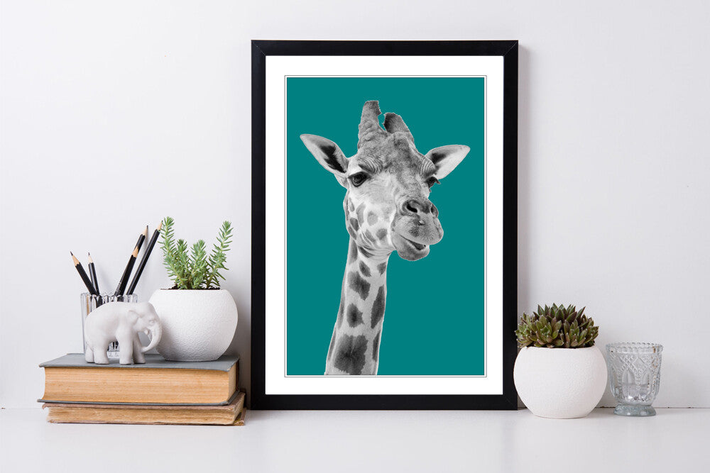 GIRAFFE BLACK AND WHITE TEAL FRAMED POSTER WALL ART PRINT ARTWORK DESIGN