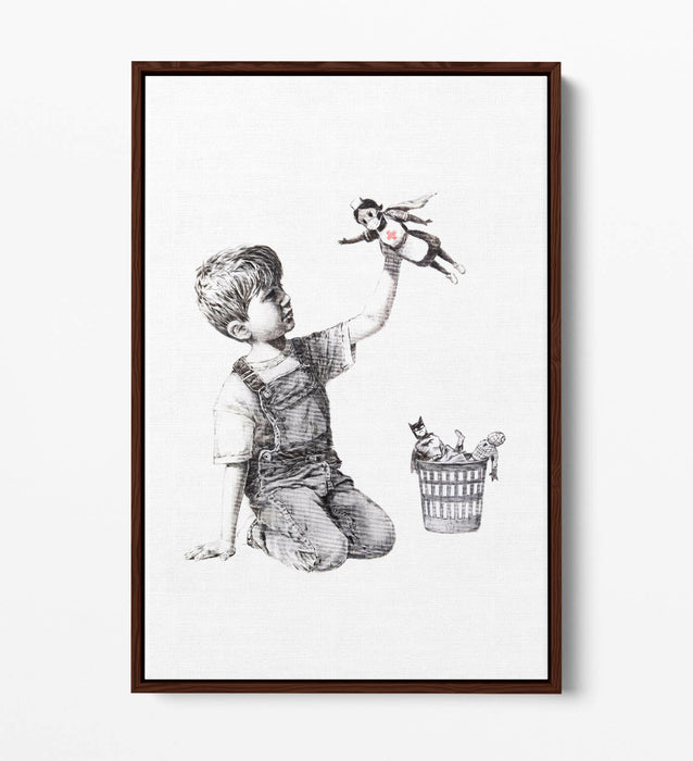 BANKSY SUPER HERO NURSE -FLOAT EFFECT CANVAS WALL ART PIC PRINT- GREY
