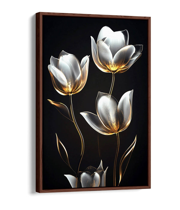 Canvas Wall Art - Silver And Gold Tulip Flower Print With Float Effect Frame