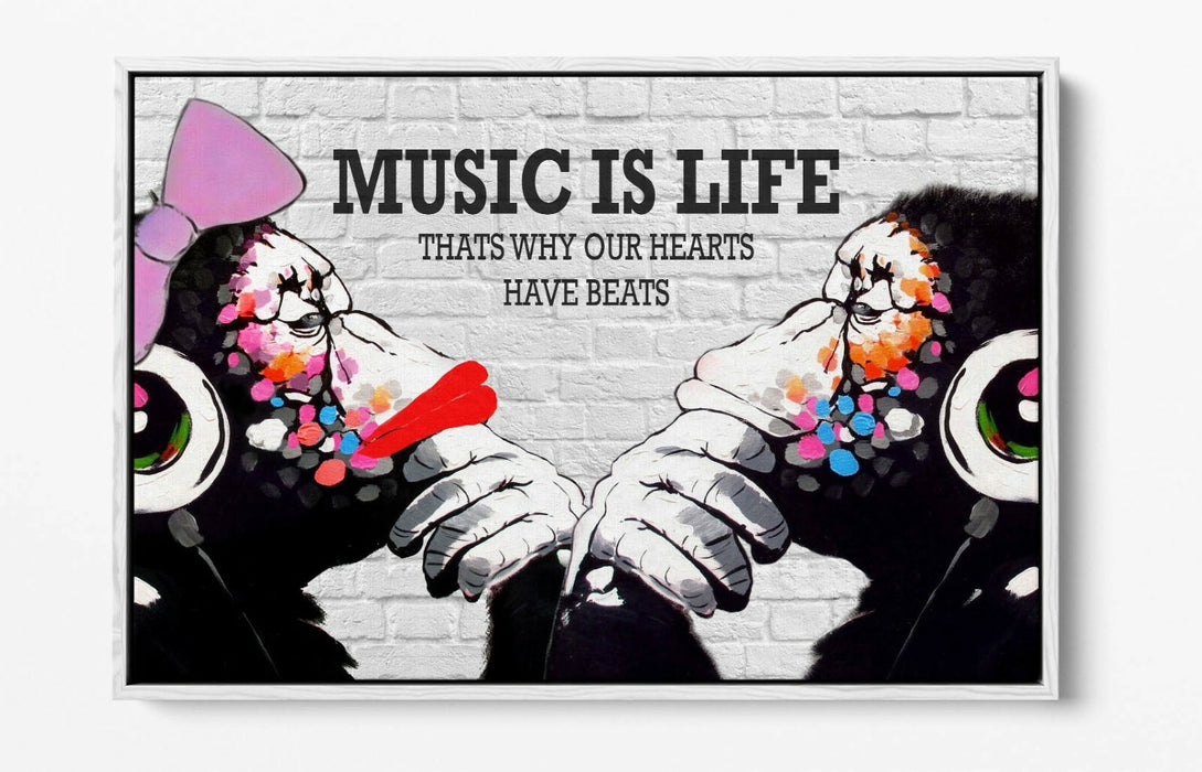 BANKSY DJ MONKEY MUSIC IS LIFE -FLOAT EFFECT CANVAS WALL ART PIC PRINT- PINK RED