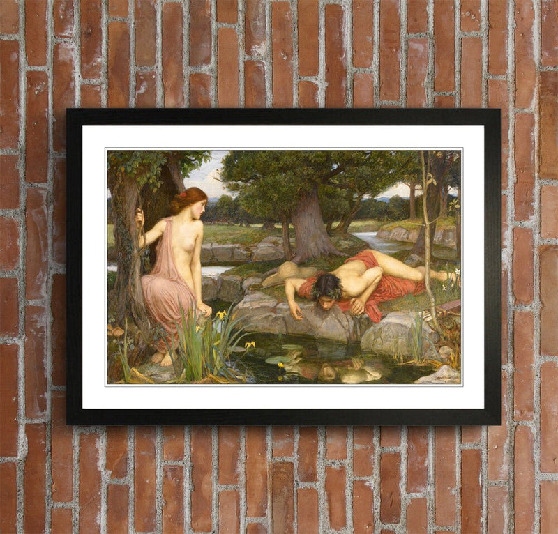 Echo Narcissus Framed Art – Waterhouse Art Print With Woodgrain Faux Frame