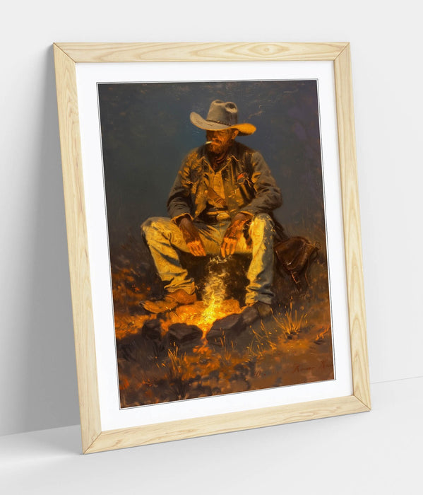 Framed Wall Art Cowboy Smoking By Campfire - Rustic Woodgrain Frame Print