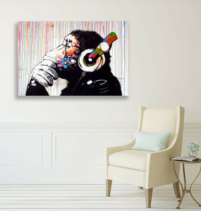 Banksy Canvas Wall Art – Monkey DJ Artwork With Coloured Rain Print, Ready To Hang