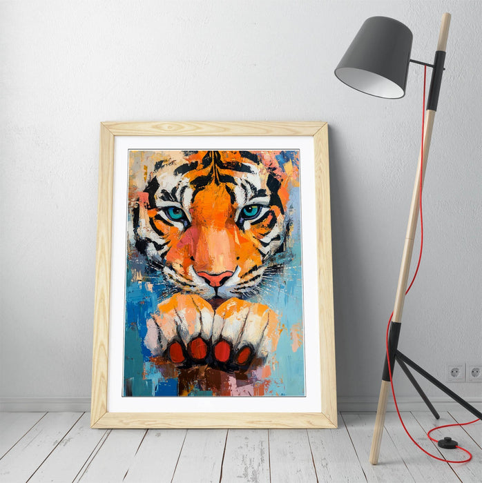 Tiger Wall Art – Cute Framed Tiger Poster Print With Paw Artwork, Oil Paint Style