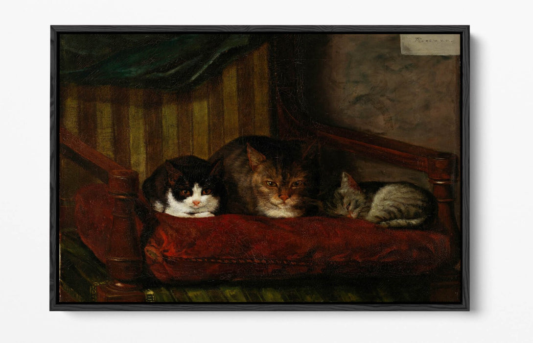 Float Effect Canvas Art - Cat With Kittens Handmade Wall Print, Premium Varnish Finish