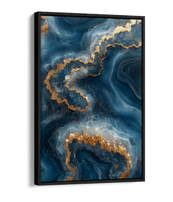 Canvas Wall Art - Gold Blue Abstract Sea Water Print With Float Effect Frame