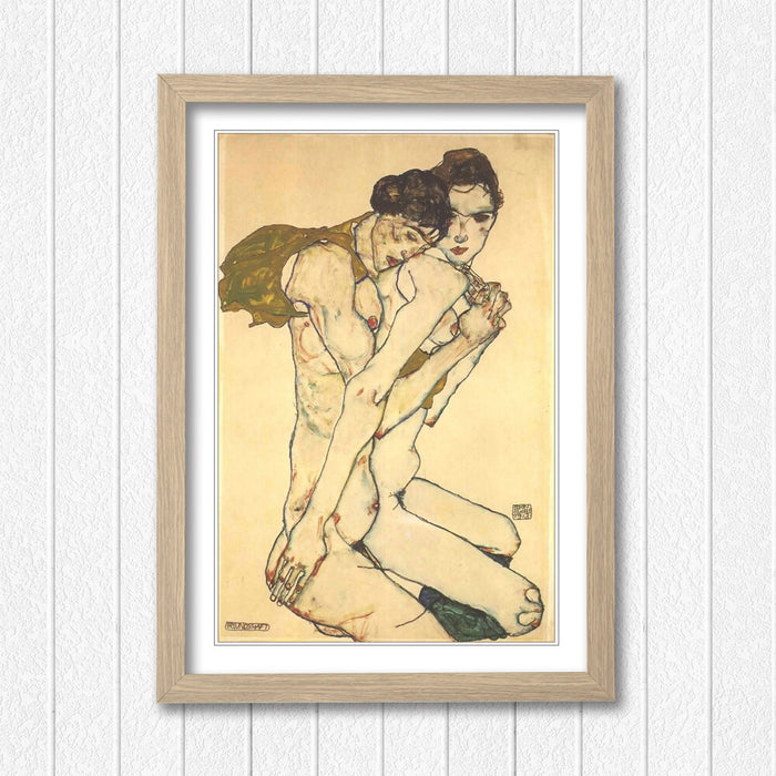 Framed Wall Art - Egon Schiele Friendship Art Print with Woodgrain Frame Design