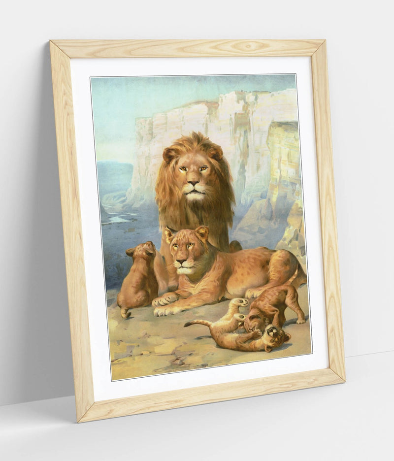 Lion Wall Art - Framed Wildlife Wall Decor With Cubs Print | Ready To Hang