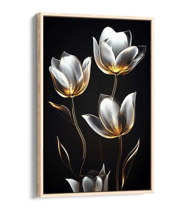 Canvas Wall Art - Silver And Gold Tulip Flower Print With Float Effect Frame