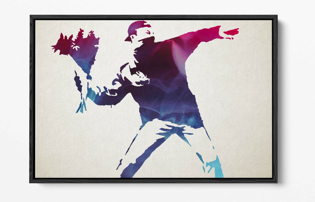 BANKSY, FLOWER THROWER PURPLE -FLOAT EFFECT CANVAS WALL ART PRINT