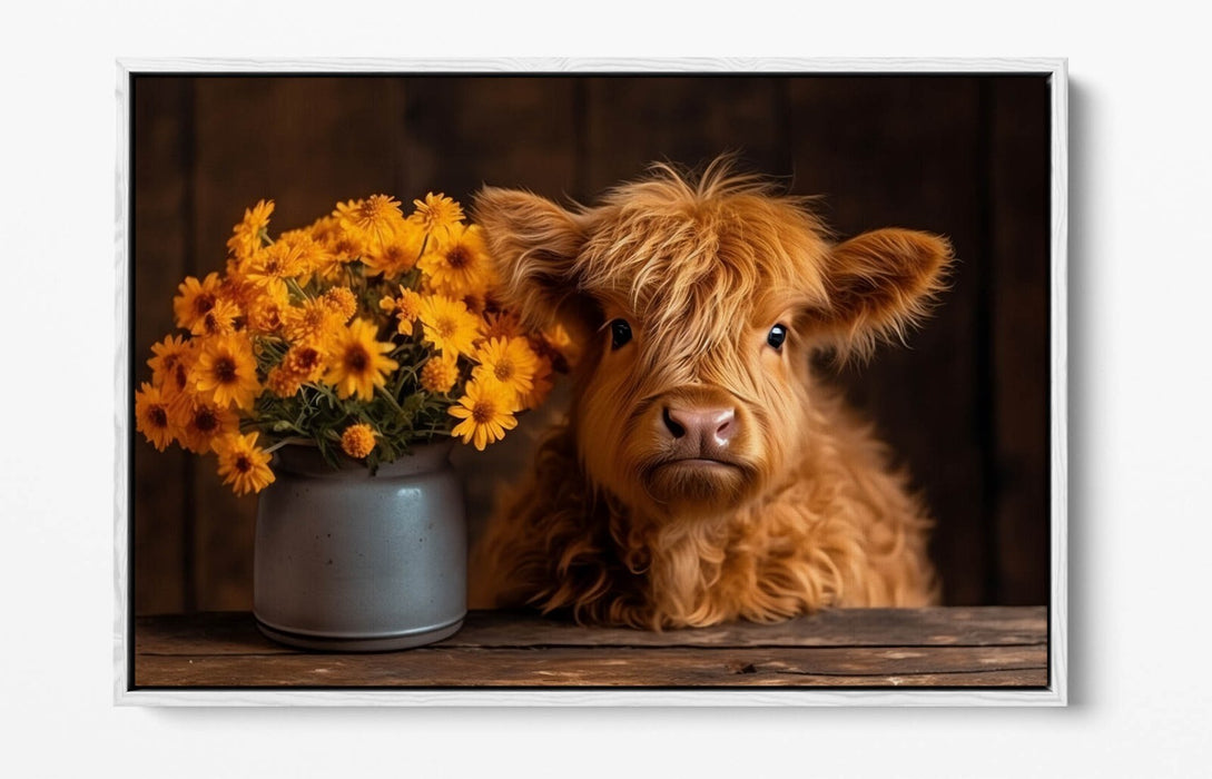 Canvas Wall Art – Baby Highland Cow With Flowers | Handmade Float Effect Canvas Print