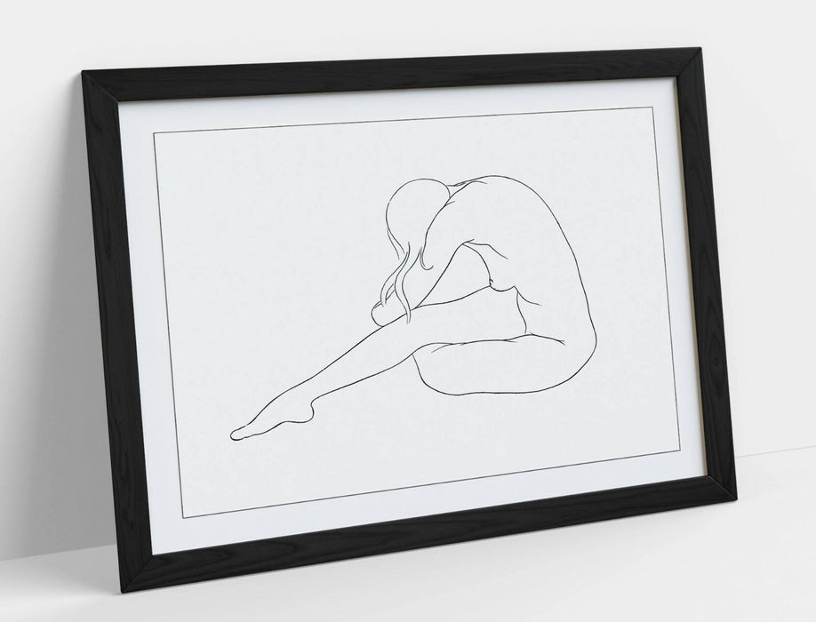 Nude Woman Line Art - Framed Wall Art Blue Line Drawing with Woodgrain Frame Design