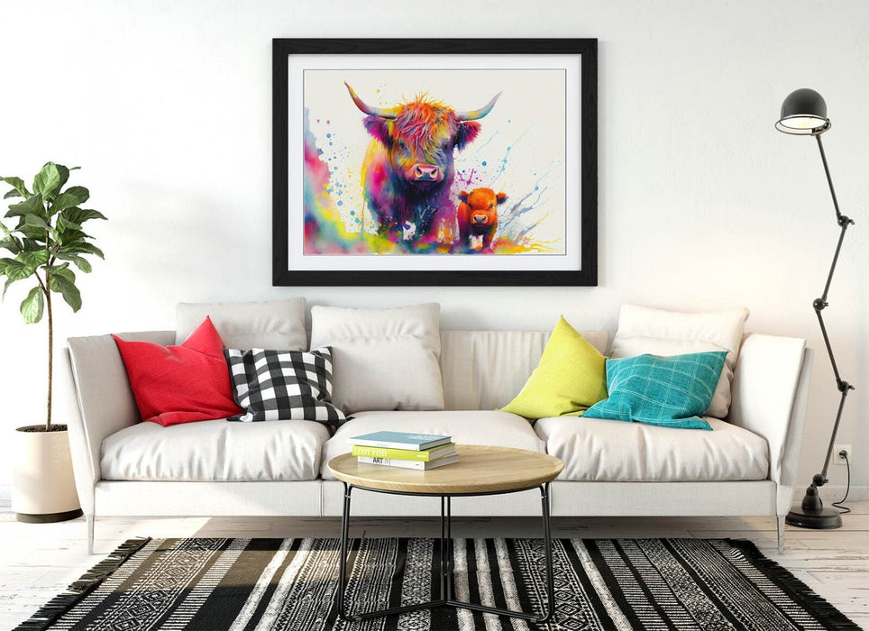 Framed Wall Art - Colorful Highland Cow Print Mother Child Poster, Handmade