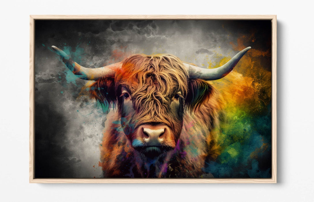 Canvas Wall Art – Highland Cow Multi Colour Print | Float Effect Frame, Handmade