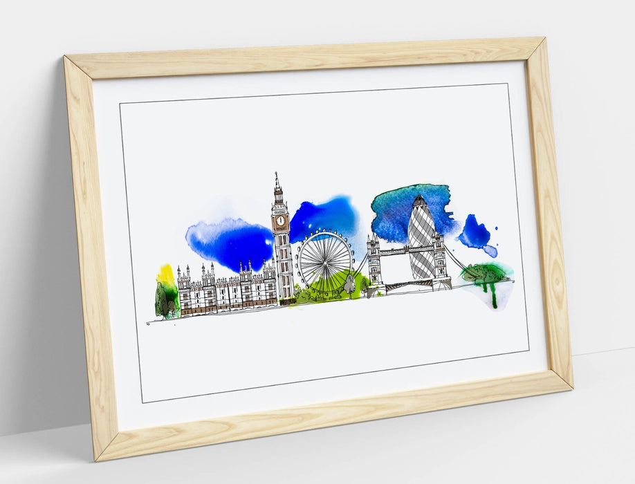 London Cityscape Wall Art – Framed Watercolour Poster Print With Wood Grain Frame
