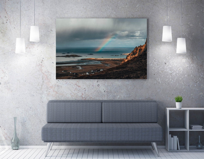 Canvas Wall Art – Rainbow Over Sea Coast Bedroom Decor | Handmade Vibrant Print