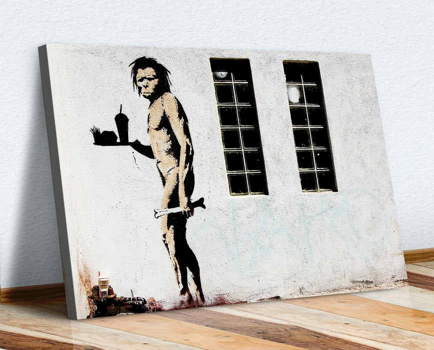 BANKSY FAST FOOD CAVEMAN CANVAS WALL ART PRINT ARTWORK GRAFFITI DEEP FRAMED