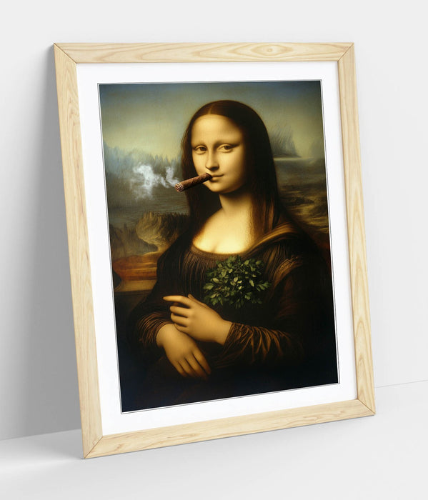 Framed Wall Art - Mona Lisa Smoking Cigar Funny Portrait Print With Woodgrain Frame