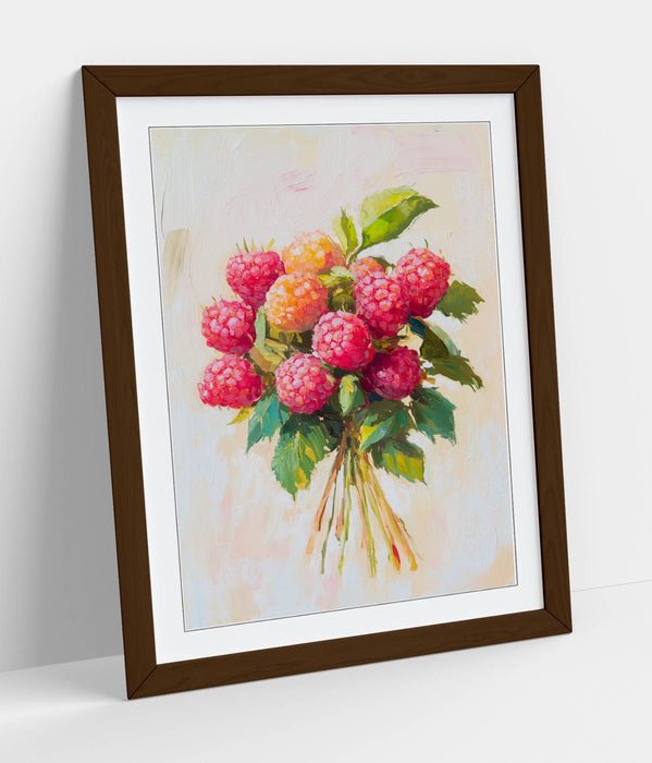 Red Raspberry Wall Art – Framed Poster Print With Woodgrain Frame Finish