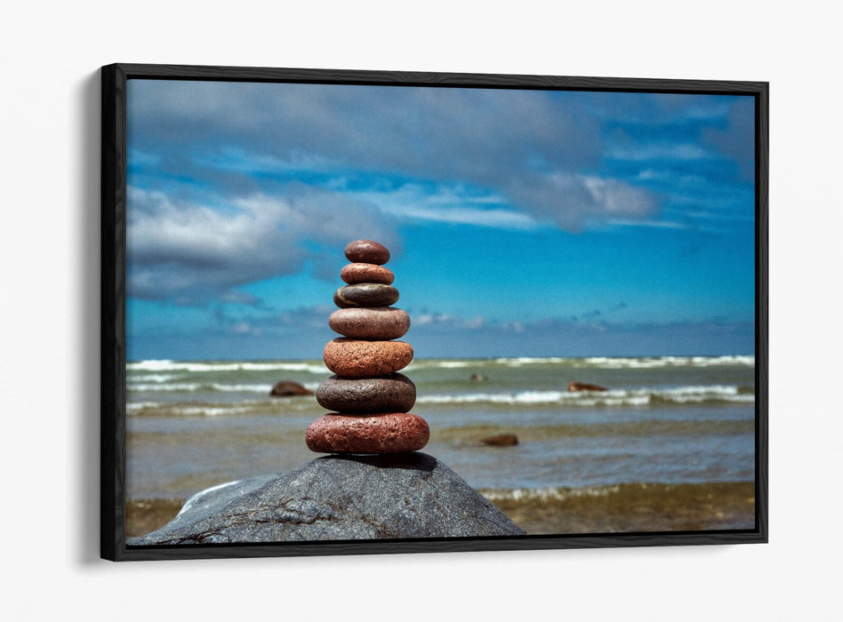 Canvas Wall Art – Stacked Zen Stones Float Effect on Seashore Beach Print