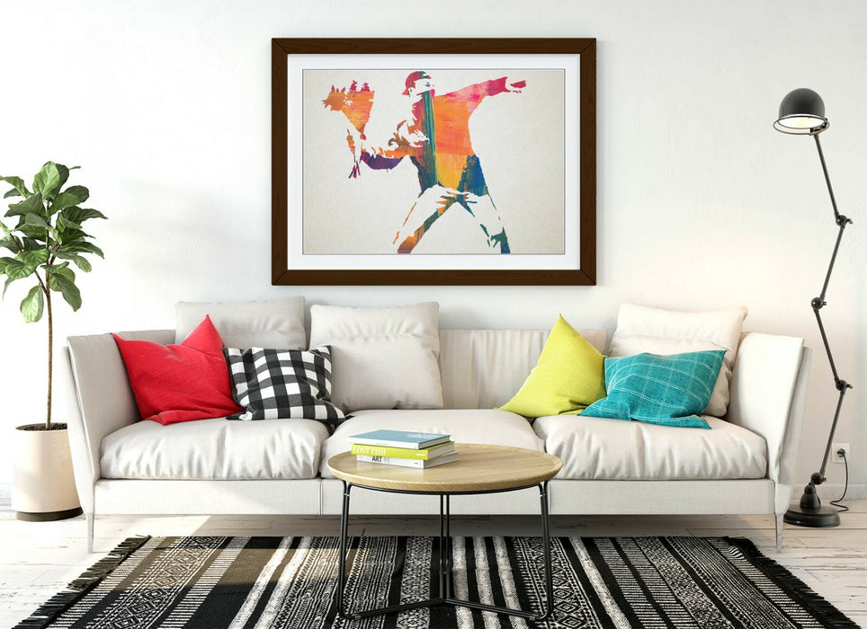 BANKSY, FLOWER THROWER RAINBOW PAINT -FRAMED WALL ART PICTURE PRINT