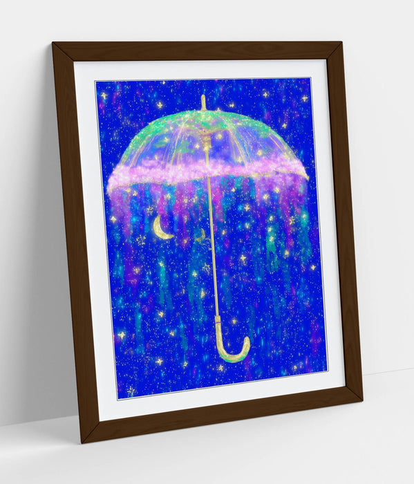 Framed Wall Art - Sparkly Umbrella Poster Print with Starry Sky in Natural Wood Frame