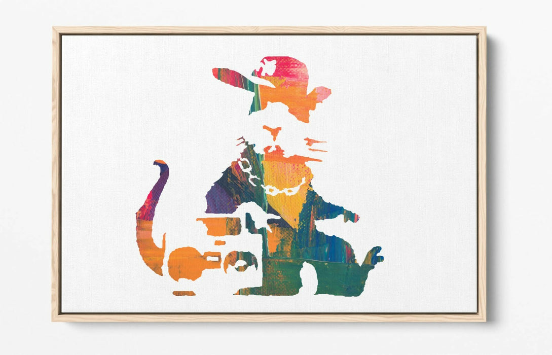 BANKSY, GANGSTA RAT RAINBOW PAINT EFFECT ART -FLOAT EFFECT CANVAS WALL ART PRINT