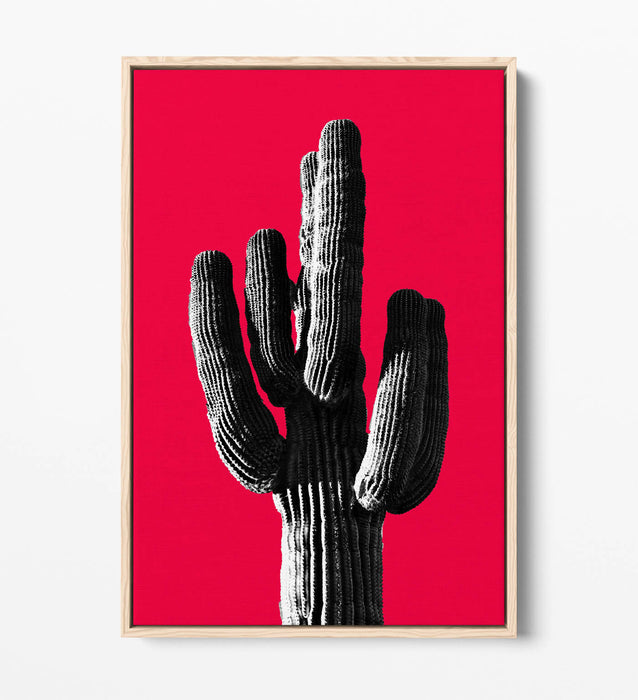 TRENDY B&W CACTUS POP ART RED -FLOAT EFFECT CANVAS WALL ART PRINT
