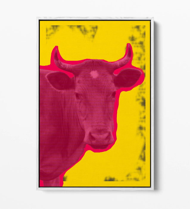 POP ART PINK COW WARHOL INSPIRED -FLOAT EFFECT CANVAS WALL ART PRINT