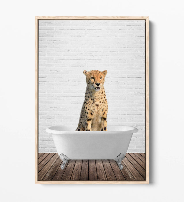 CHEETAH IN BATHTUB -QUIRKY BATHROOM FLOAT EFFECT CANVAS WALL ART PIC PRINT