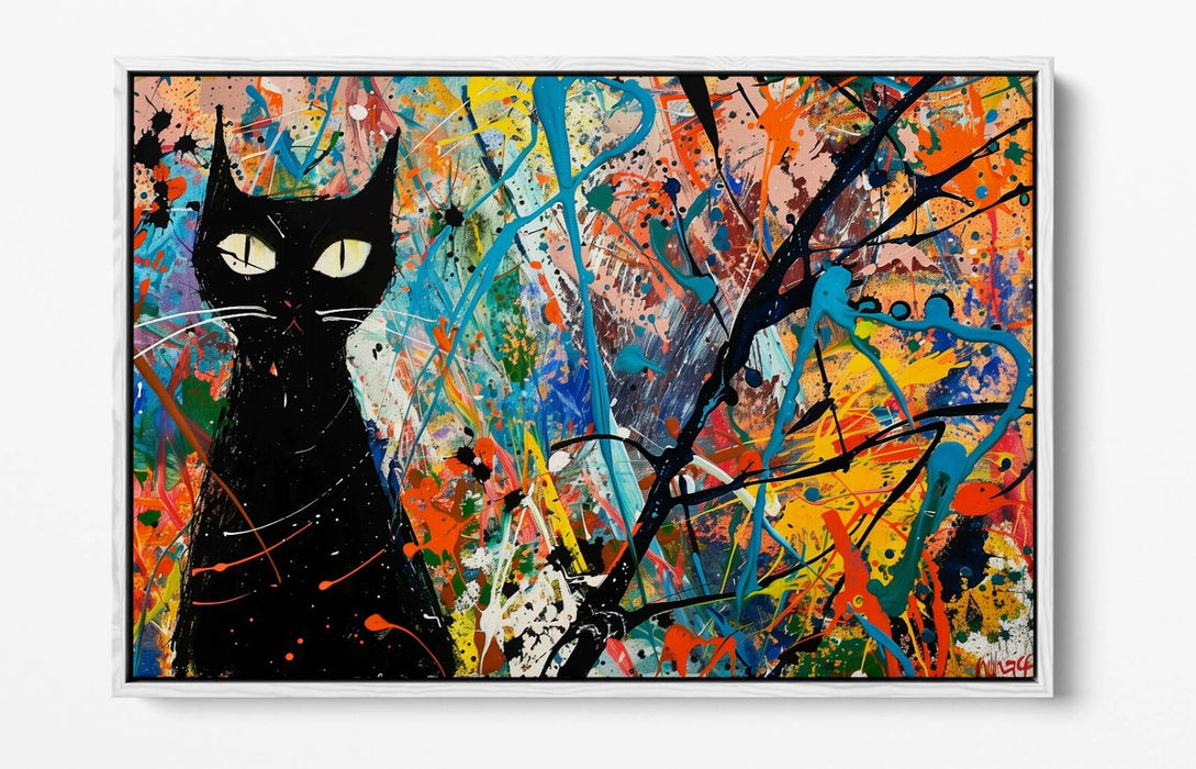 Black Cat Canvas Art – Jackson Pollock Style Float Effect Print on Premium Frame